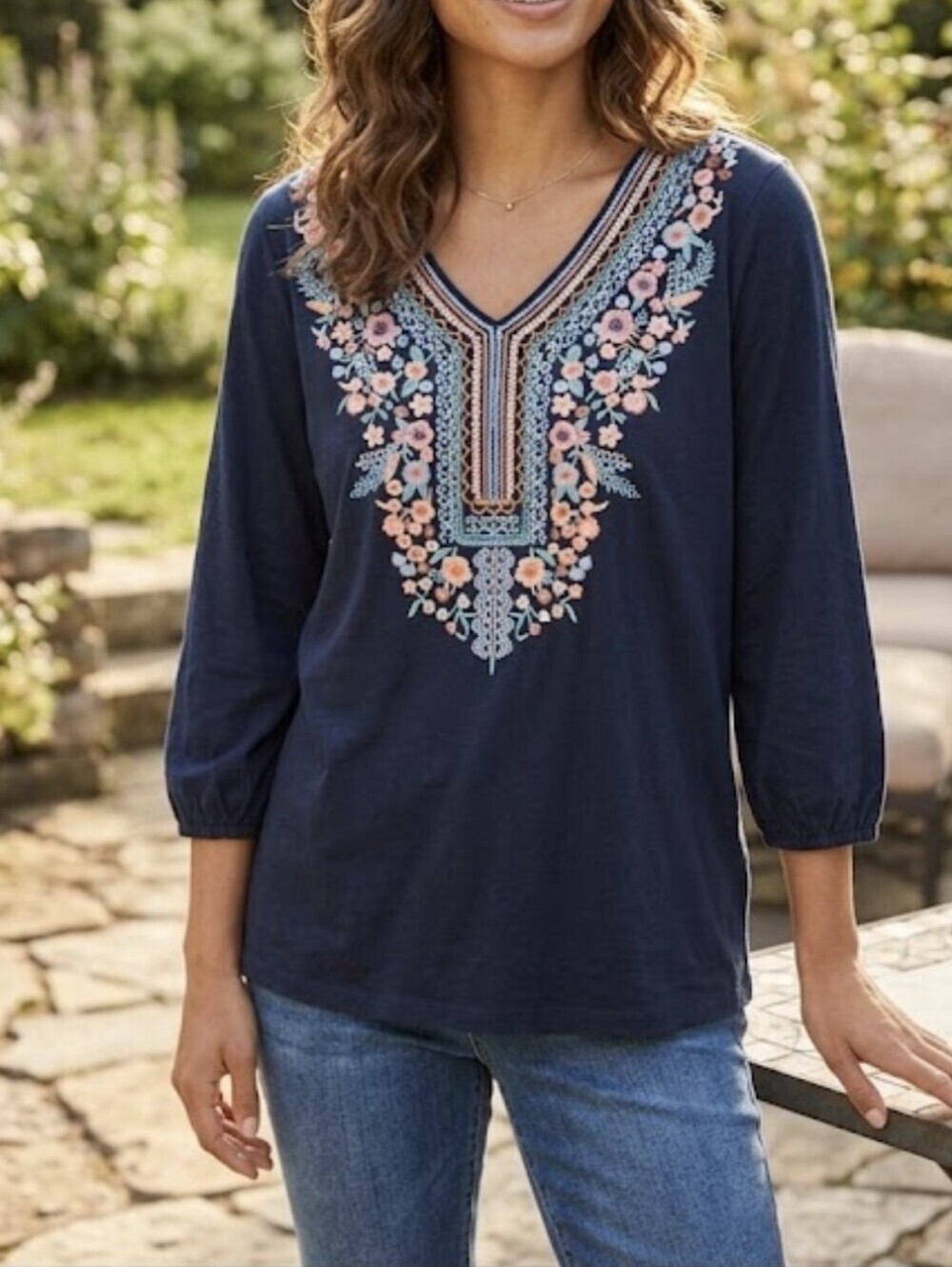 J. Jill Navy Tunic with Pastel Floral Embroidery 3/4 Sleeve Sz L Boho Paisant
